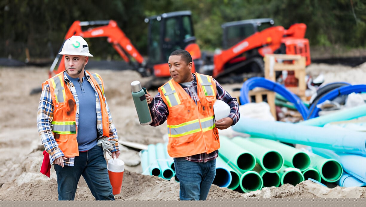 Two workers in safety gear on a construction site, representing the on-site supervision and quality control provided by AI&GB's Project Management and Execution services.