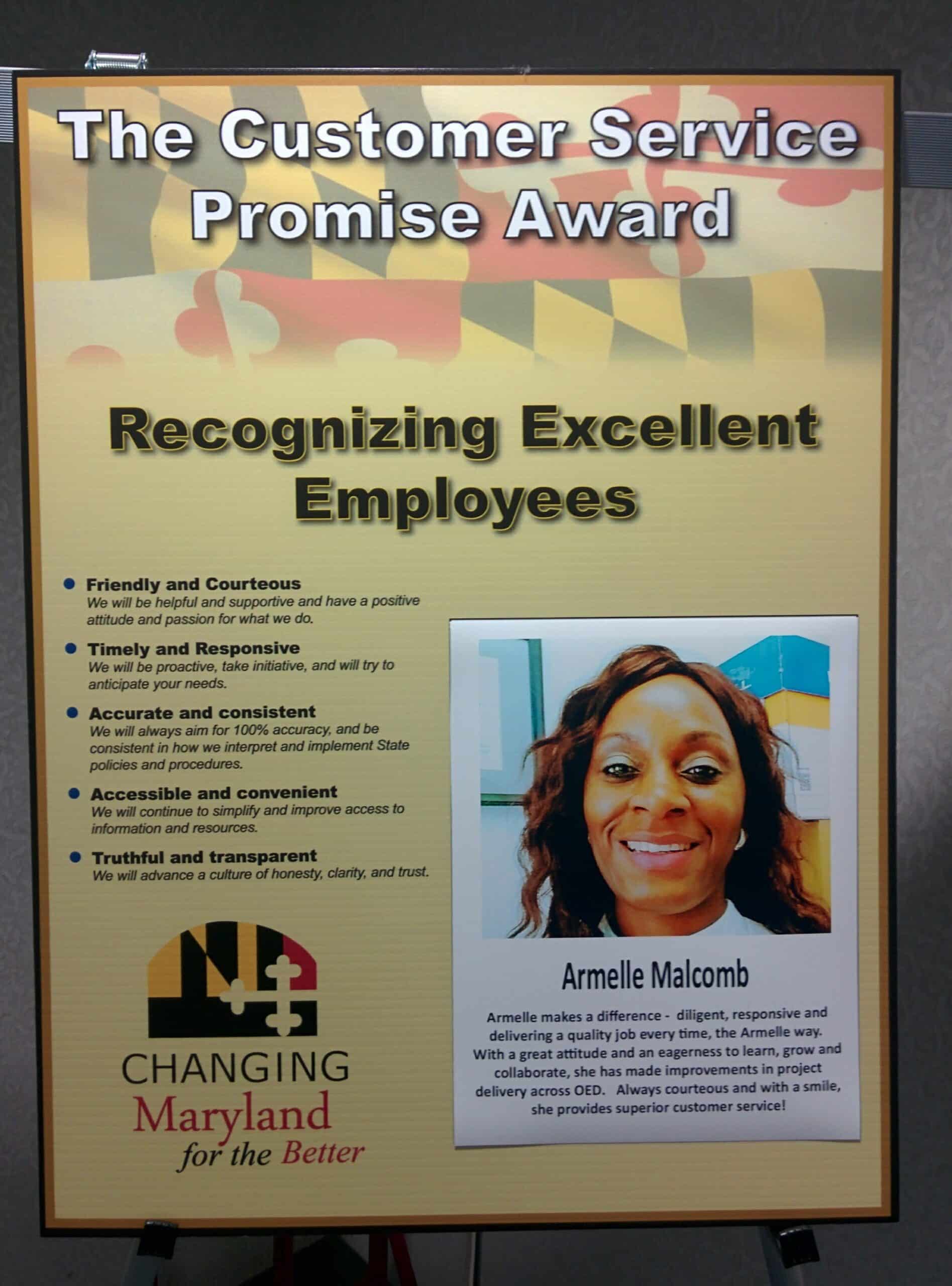 MDOT SHA: Customer Service Promise Award, A Radiant Recipient (2017)
