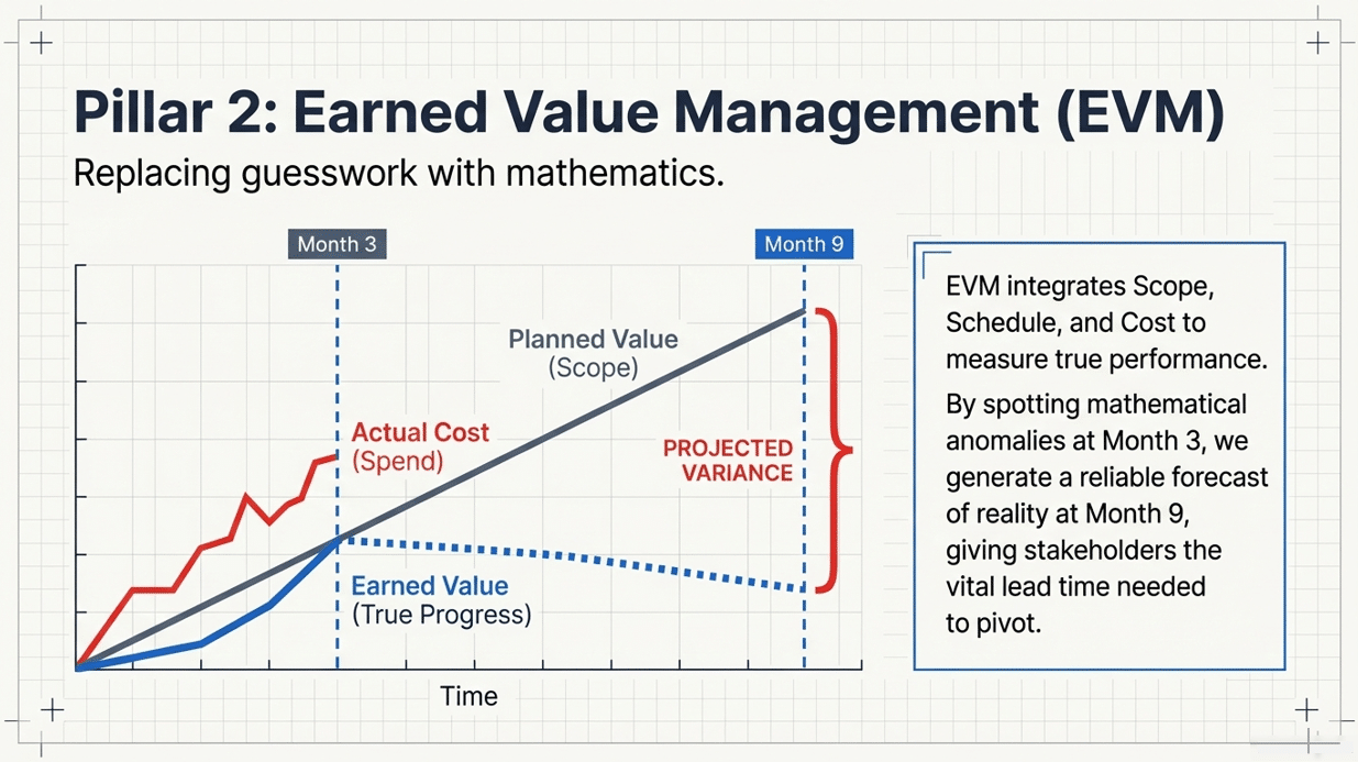 Earned Value Management EVM graph showing the variance gap in infrastructure projects - AI&GB.