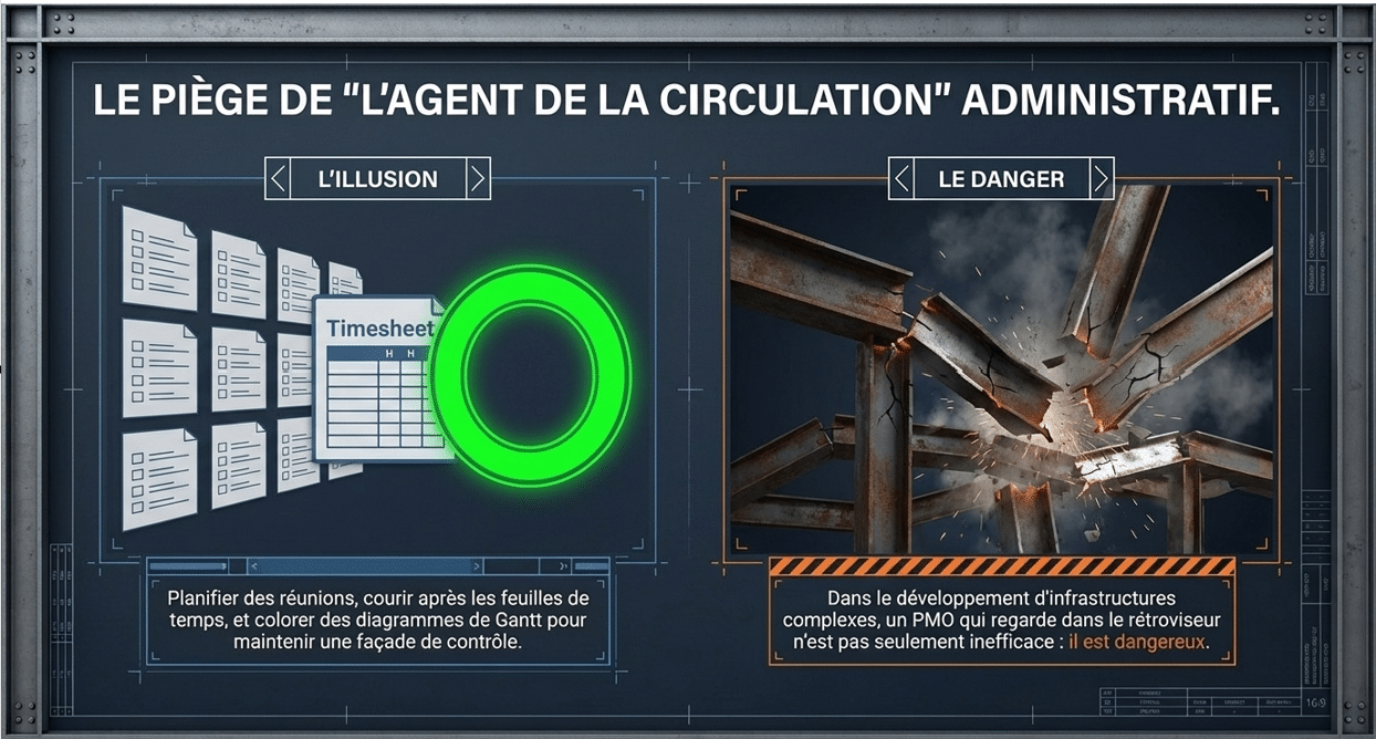 Illustration du piège de l'agent de la circulation administratif, comparant l'illusion du contrôle papier au danger physique d'échec des infrastructures - AI&GB.