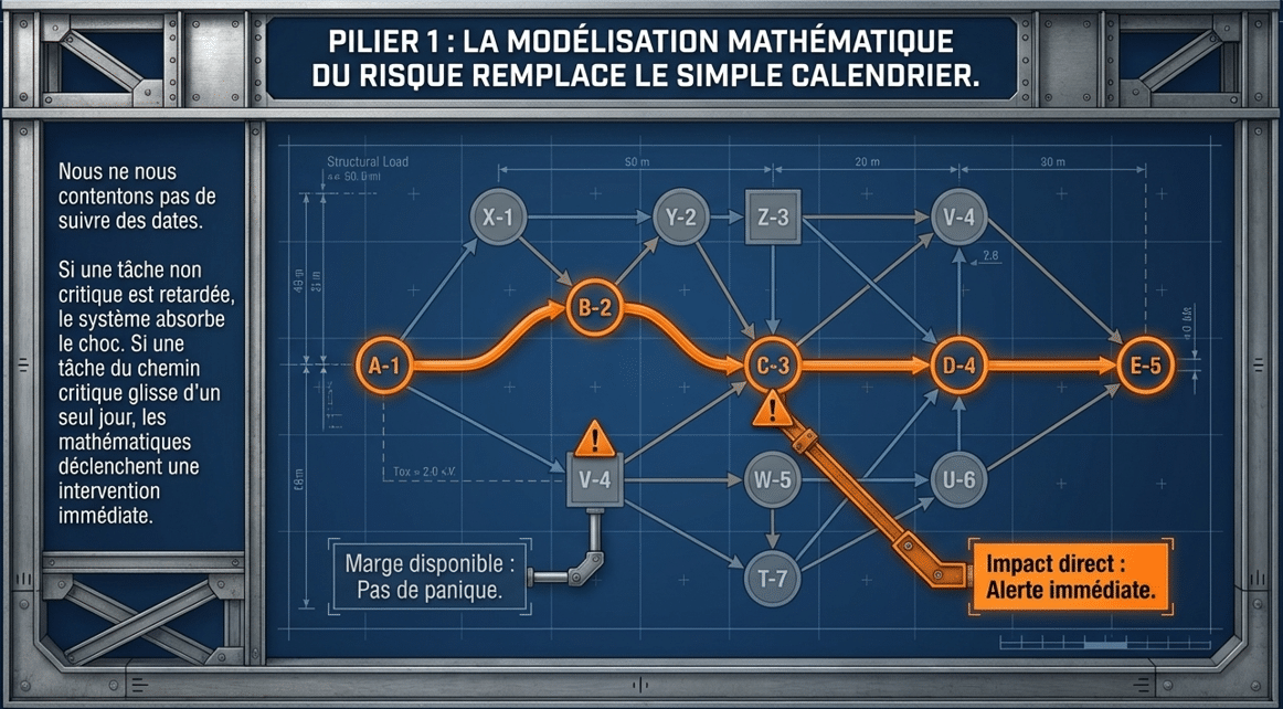 Diagramme de réseau mathématique montrant le chemin critique en gestion de projet - AI&GB.