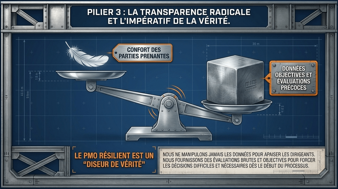 Schéma montrant la transparence radicale filtrant le bruit d'un projet en données objectives - AI&GB.