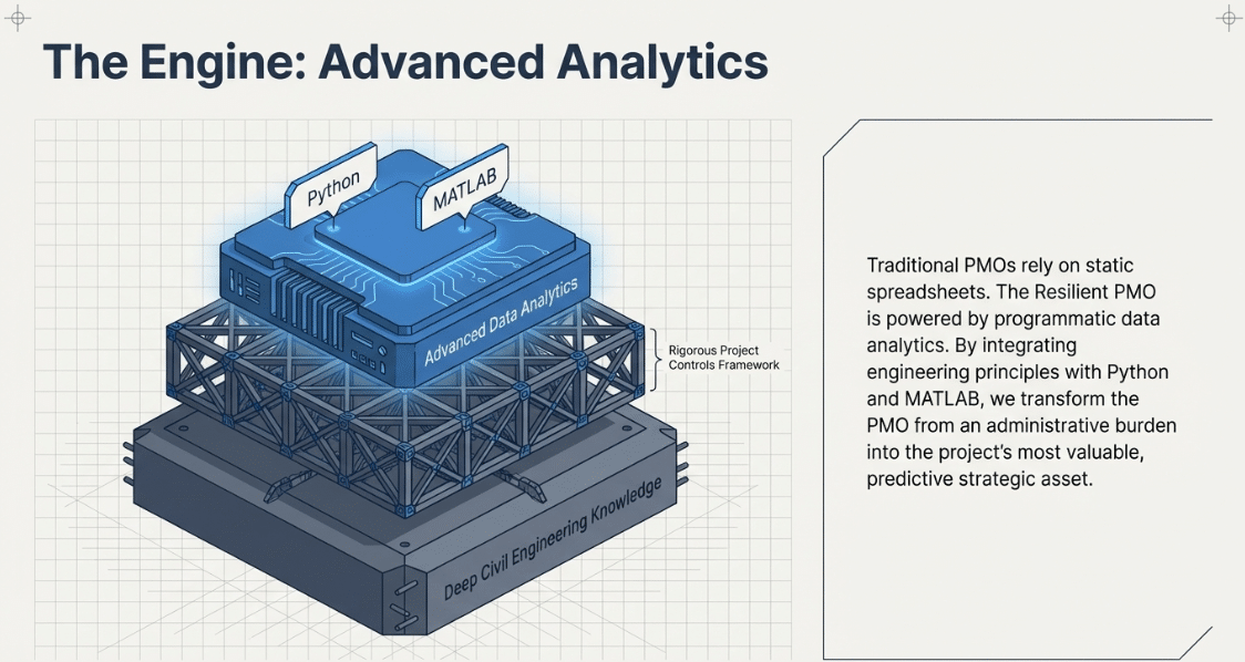 Diagram of the advanced analytics engine layering deep civil engineering knowledge, a rigorous project controls framework, and Python and MATLAB data analytics - AI&GB