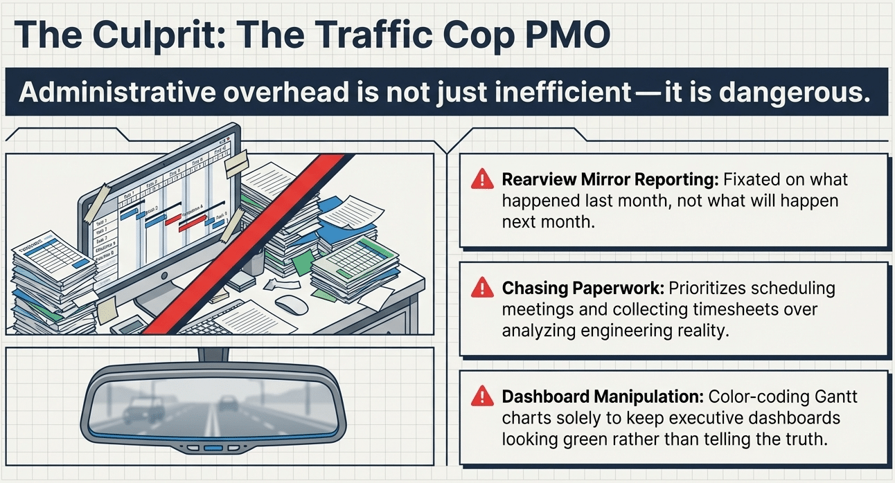 Illustration of a traditional administrative traffic cop PMO vs project controls - AI&GB.