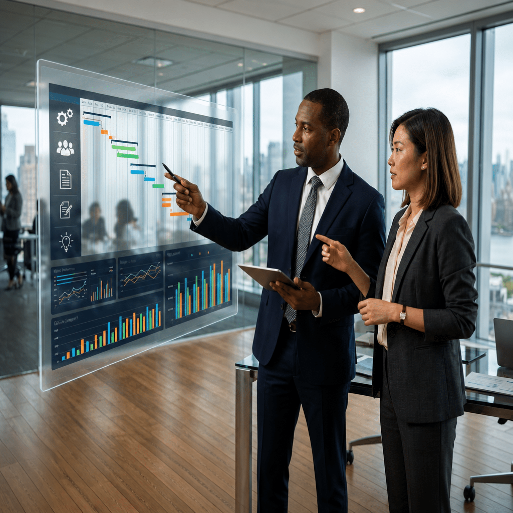 Advanced Earned Value Management (EVM) digital dashboard displaying executive project analytics and risk modeling by AI&GB Consulting.