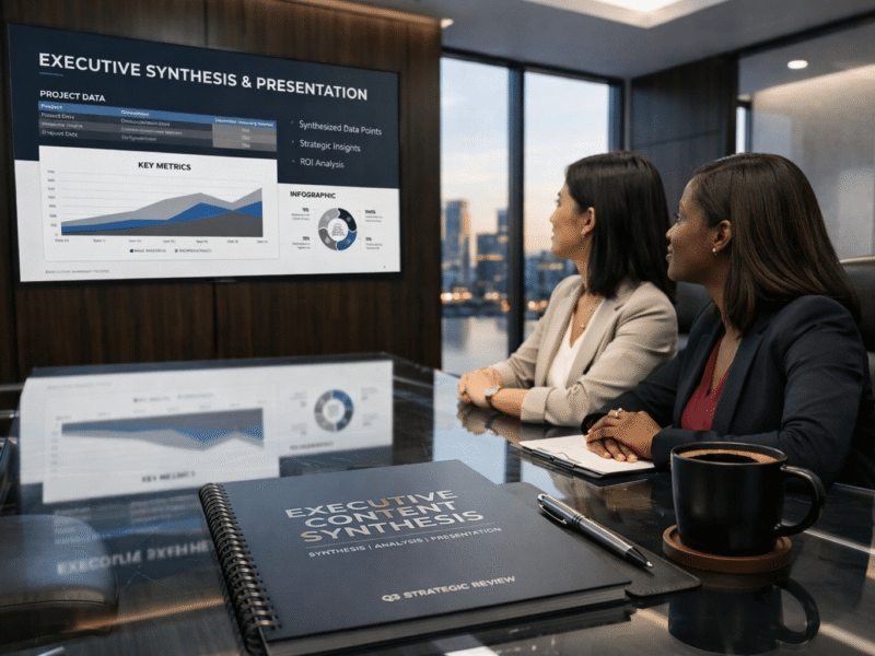 Executives reviewing a synthesized project data presentation and ROI metrics in a modern boardroom, illustrating AI&GB Consulting's executive content synthesis and pitch deck services.