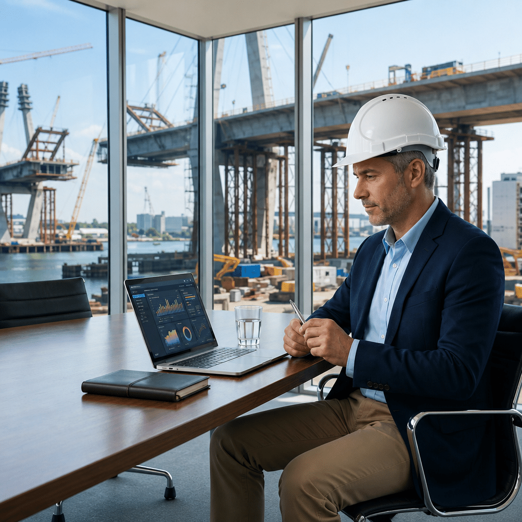 Executive PMO consultant at AI&GB Consulting LLC reviewing heavy civil infrastructure project data for strict cost control and variance analysis.