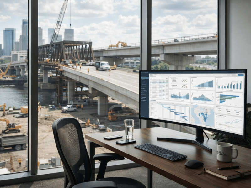 Executive project analytics dashboard and EVM tracking on a monitor overlooking a heavy civil bridge construction site, representing AI&GB Consulting's PMO cost control services.