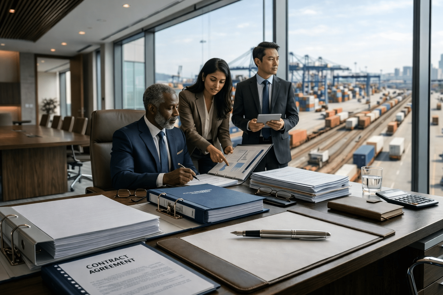 An AI&GB Consulting executive PMO team reviewing contract agreements and strategic procurement & sourcing bids in a high-rise office overlooking an industrial shipping port and freight yard.