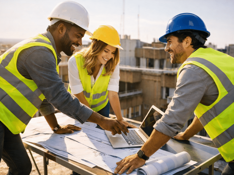 A team of engineers and project managers on a construction site rooftop review plans on a laptop, highlighting AI&GB's Strategic Engineering & PMO Consulting.