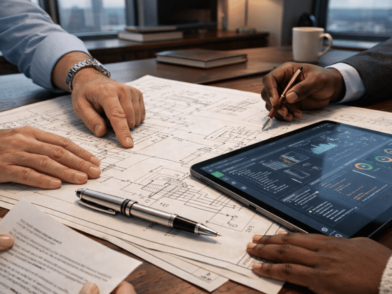 Engineering professionals reviewing technical civil engineering blueprints and digital data dashboards, highlighting rigorous technical documentation QA and localization services by AI&GB Consulting.