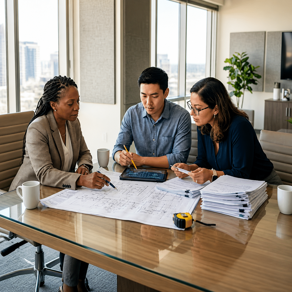 Équipe d'ingénierie multidisciplinaire chez AI&GB Consulting menant un examen d'assurance qualité de la documentation technique et un audit de conformité sur les plans de projet.