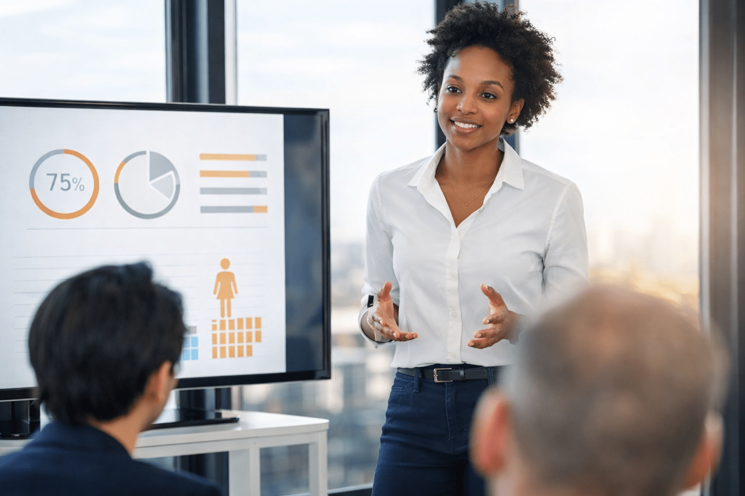 An AI&GB Consulting expert leading a corporate training and staffing session and presenting workforce analytics to an executive team in a modern high-rise office boardroom.